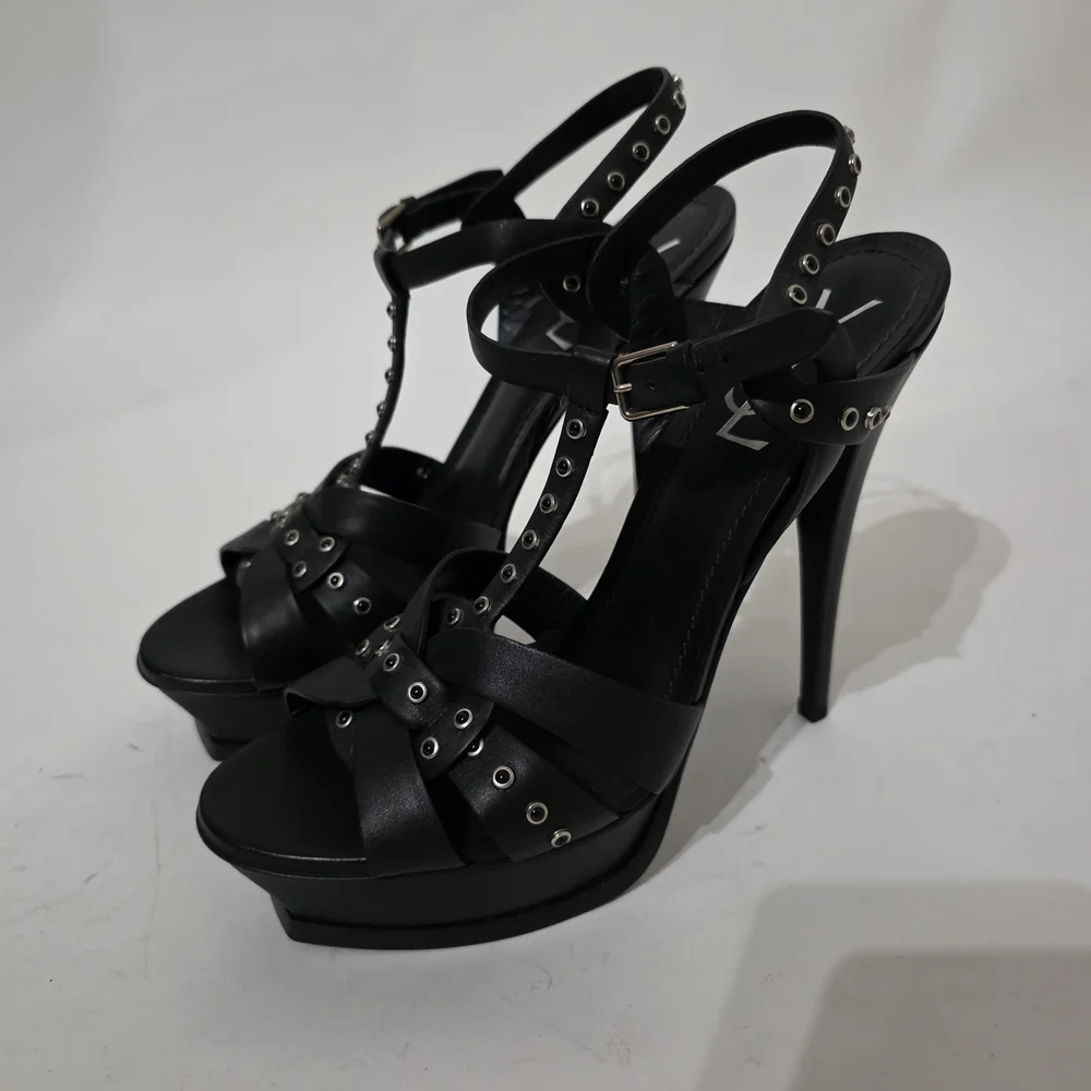 Saint Laurent Tribute Black Studded Strappy Platform Heels Women’s Size 40 - Picture 2 of 9